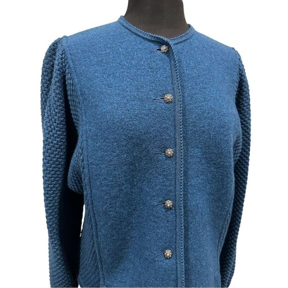 Geiger Collection Vintage Austrian Wool Cardigan Jacket Teal Blue Size 44 - Picture 2 of 16